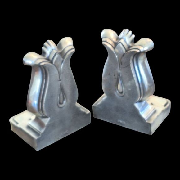 Harp Lyre Heavy Metal Art Deco Bookends Silver Toned Vintage PMC Made in USA - Picture 5 of 16